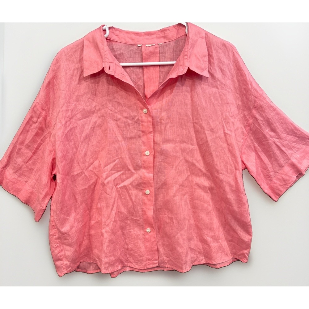 Linen Boho Womens Sz:M Button Front Shirt Pink Cropped Boxy Fit Coastal Core